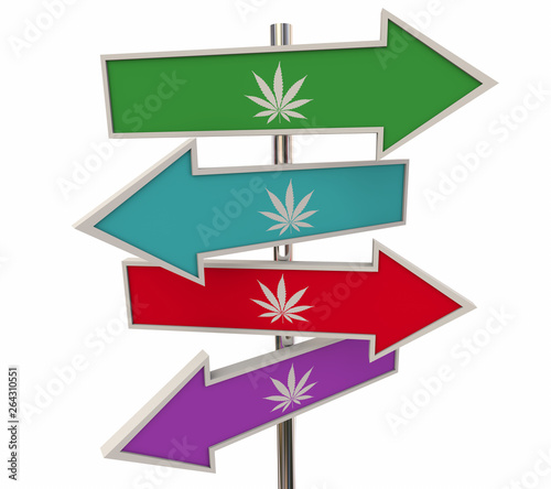 Pot Marijuana Cannabis Road Signs Arrows Directions Where to Buy 3d Illustration photo