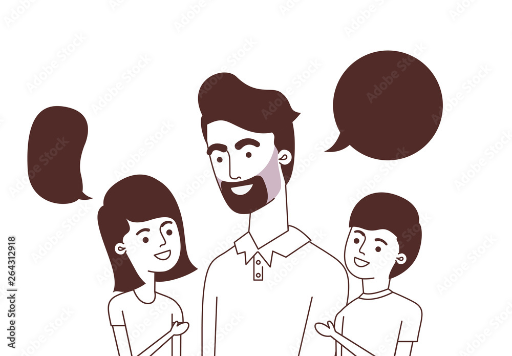 father with children and speech bubble character father with children and speech bubble character