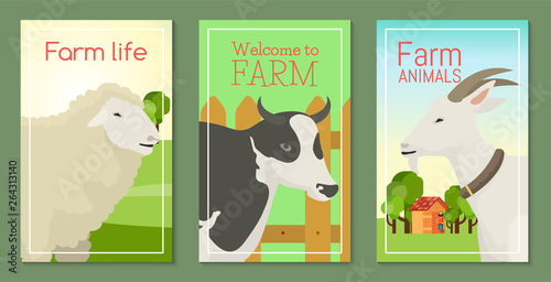 Farm life with animals set of banners vector illustration. Collection of cute pets. Domestic animals as cowin front of fence, goat, sheep. Local market. Farmer near house with trees. photo