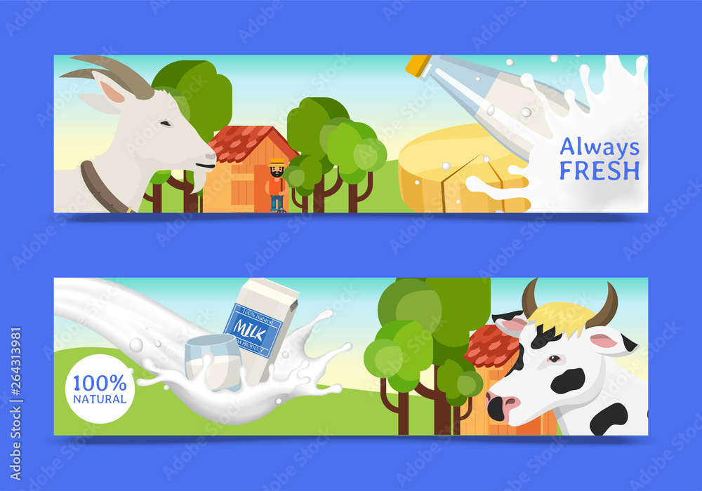 Fresh dairy products concept set of banners vector illustration. Organic, quality food. Great taste and nutritional value. Farm animal milk and cheese. Farmer near stable.