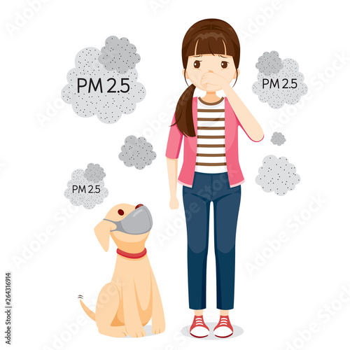 Woman And Dog Wearing Air Pollution Mask For Protect Dust PM2.5, PM10, Smoke, Smog