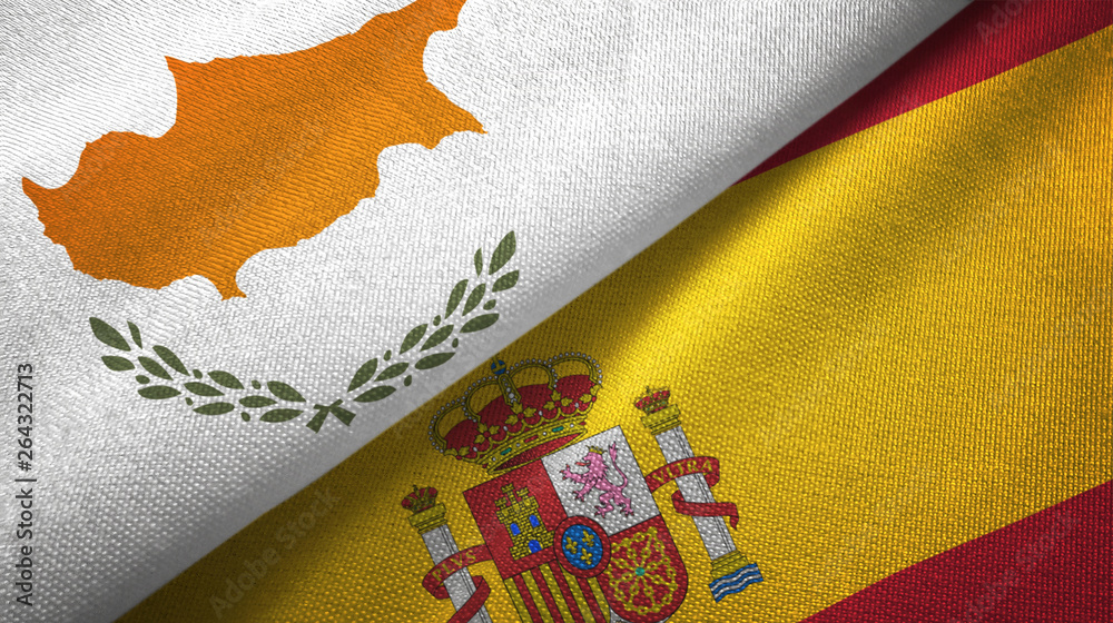 Cyprus and Spain two flags textile cloth, fabric texture Cyprus and Spain two flags textile cloth, fabric texture