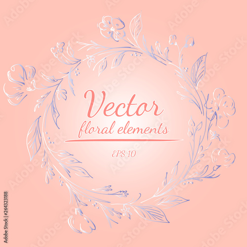 Wreath of roses or peonies flowers and branches with your pink, living coral, moody blue and white gradient colors. floral frame design elements for invitations, greeting cards, posters. Hand drawn