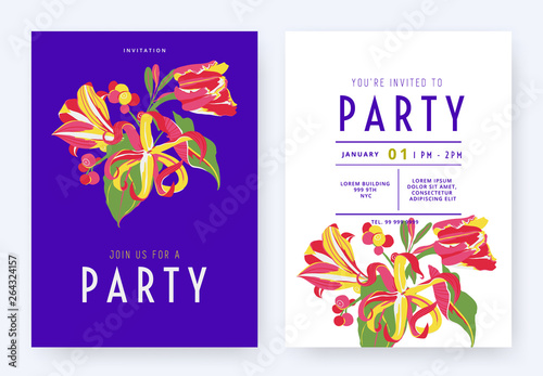 Floral party invitation card template design, colorful tulip, Amaryllis, Cananga odorata and leaves on purple