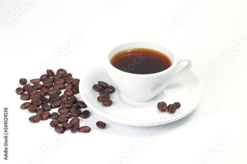 Coffee cup and beans isolated on a white background, space for text, Top view