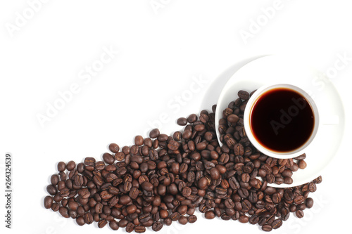 Coffee cup and beans isolated on a white background, space for text, Top view