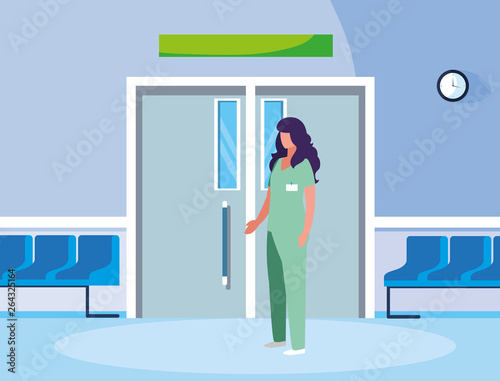 female medicine worker in elevator door