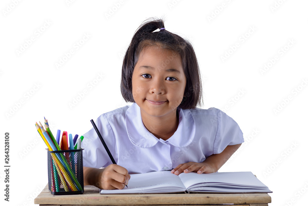 portrait of asian girl in school uniform is drawing with color pencils isolated on white background portrait of asian girl in school uniform is drawing with color pencils isolated on white background