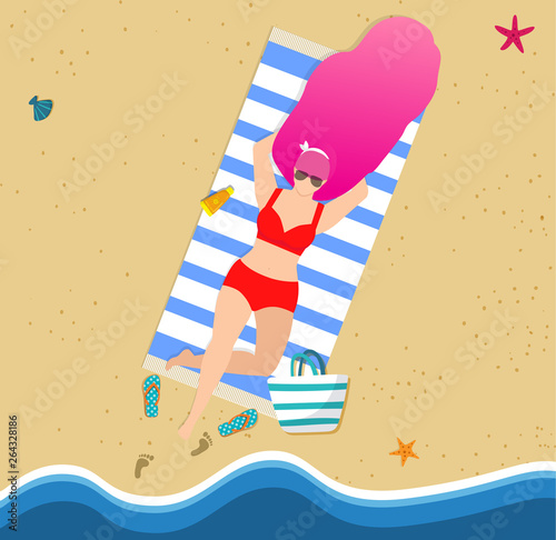 Tanning Woman on Beach, Summertime Leisure, Resort