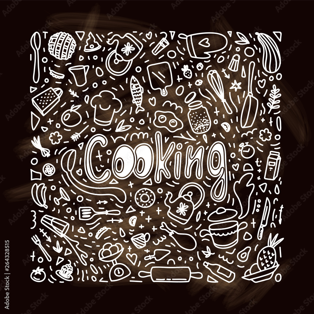 Cooking doodle square illustration on blackboard background. Sketch kitchenware. Ingredients. Kitchen utensil and appliance design elements. Food preparation cliparts. Vector line art. White chalk