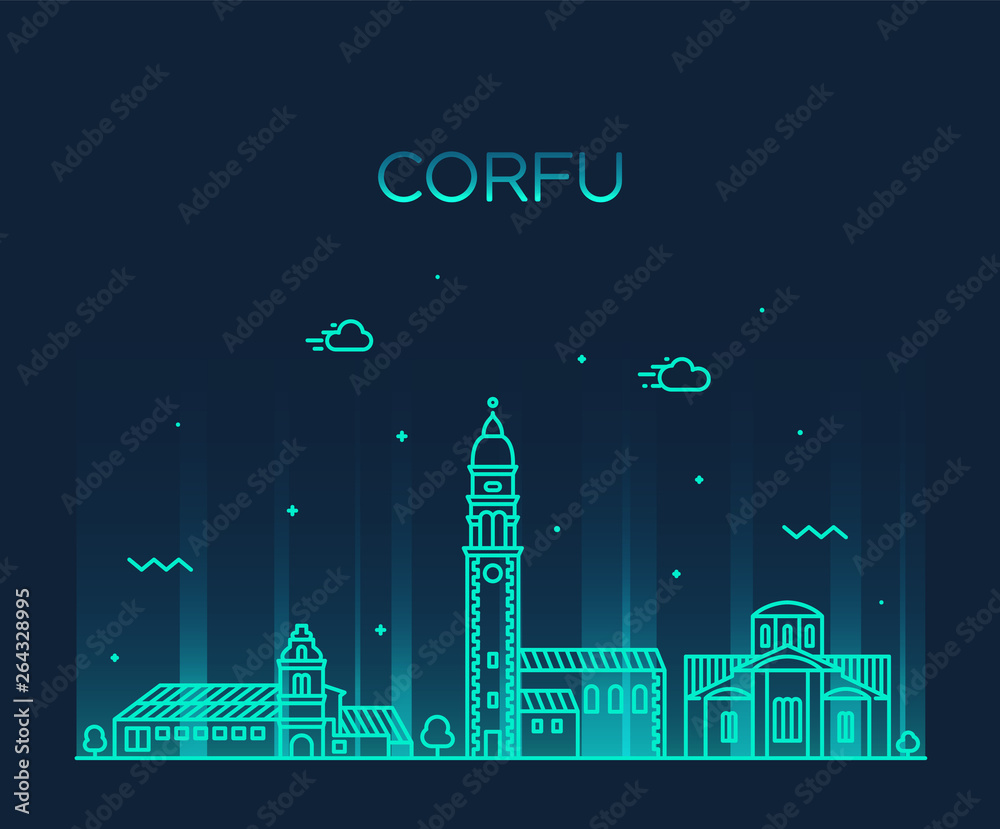 Corfu skyline Greece vector big city linear style