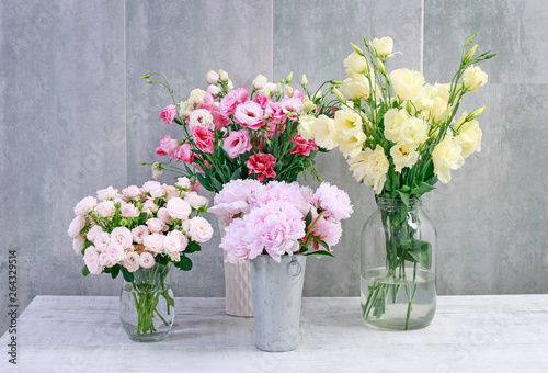 Bouquets of colorful flowers. Peony, rose, lisianthus