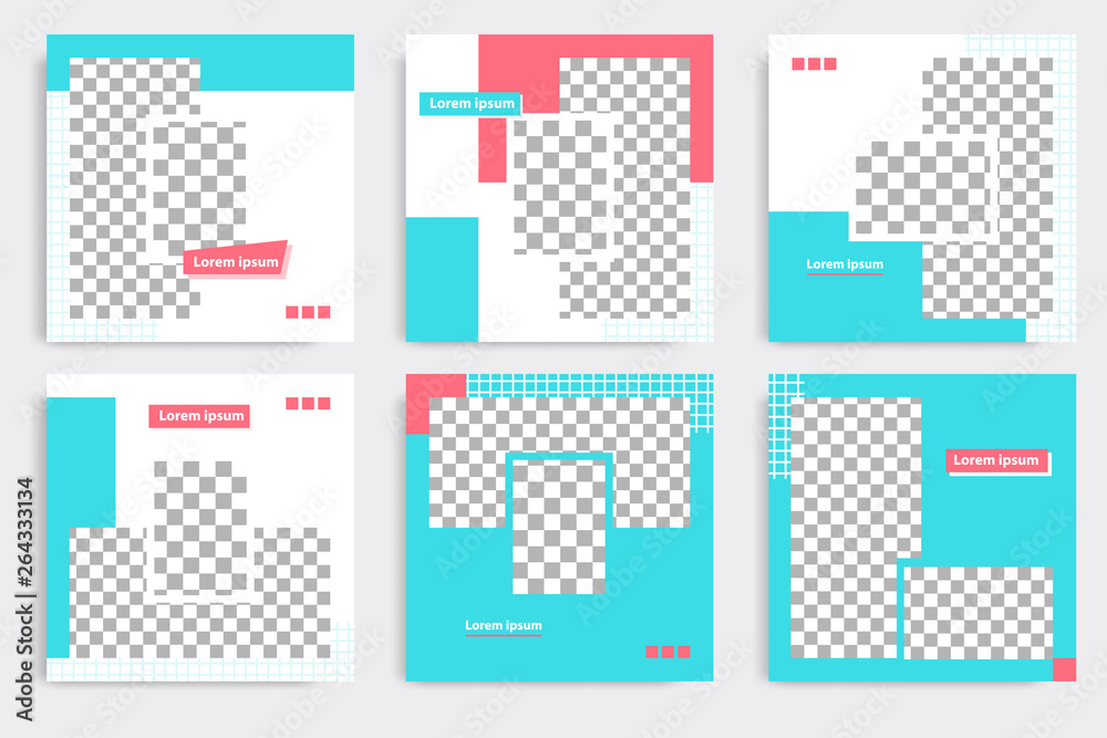 Modern minimal square stripe line shape template in turquoise, pink and white color with frame. Corporate advertising template for social media stories, story, business banner, flyer, and brochure.