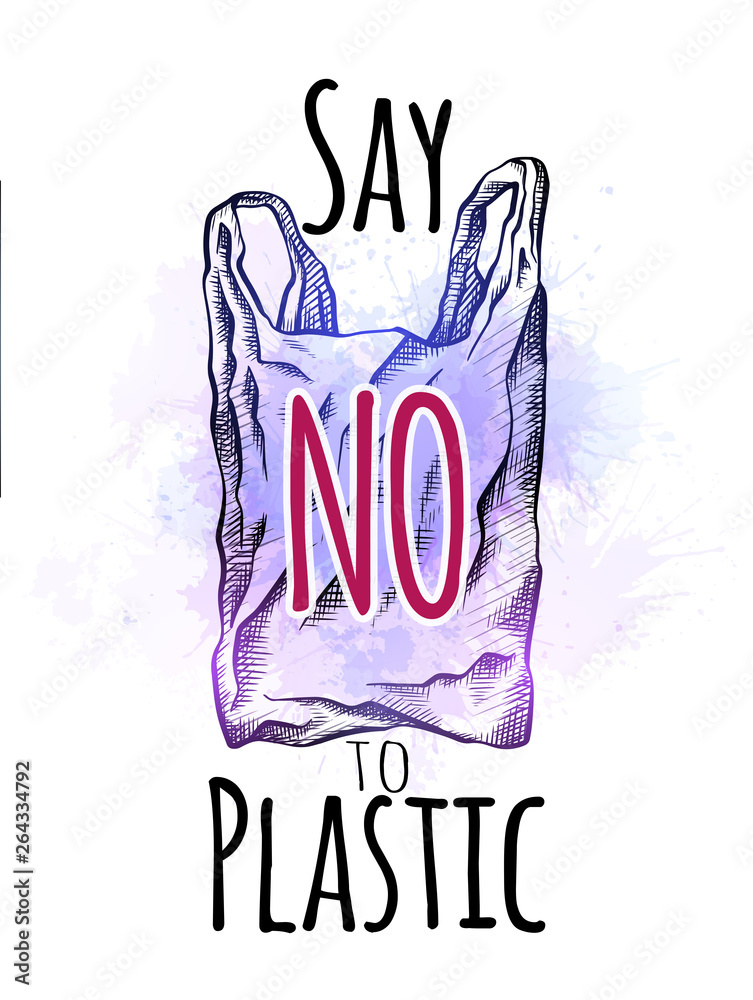 Say no to plastic. Line drawing of a plastic bag with hatching and violet  watercolor splashes. Environmental pollution. Stock Vector | Adobe Stock
