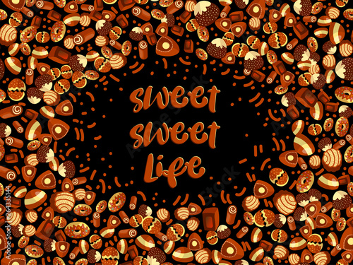 Chocolate candy frame of choco candies on black background. Chocolate candy banner, top view, flat lay with decorative elements. Chocolats candy background