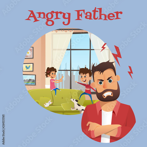 Angry Father Look After Playing Children Banner