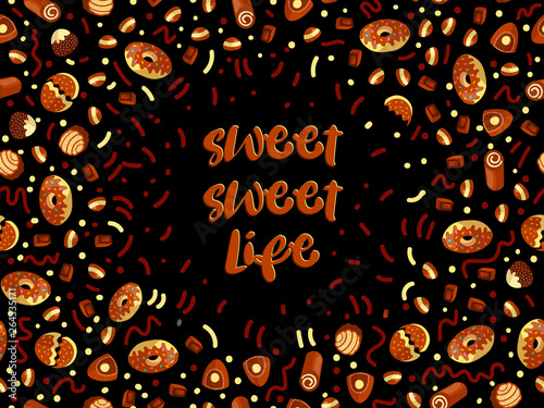 Chocolate candy frame of choco candies on black background. Chocolate candy banner, top view, flat lay with decorative elements. Chocolats candy background