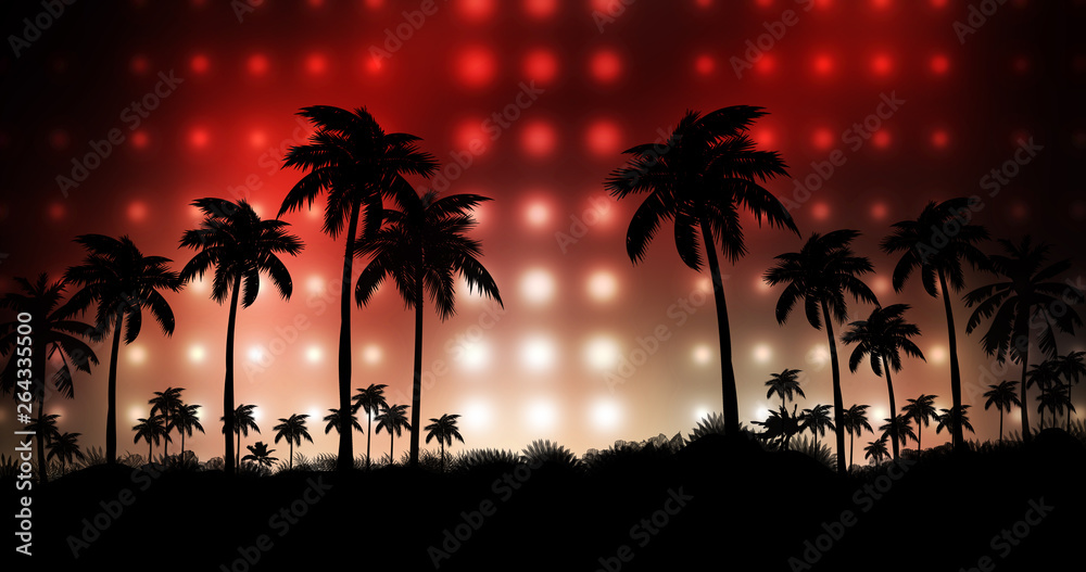 Night landscape with palm trees, against the backdrop of a neon sunset, stars. Silhouette coconut palm trees on beach at sunset. Vintage tone. Space futuristic landscape. Neon palm tree