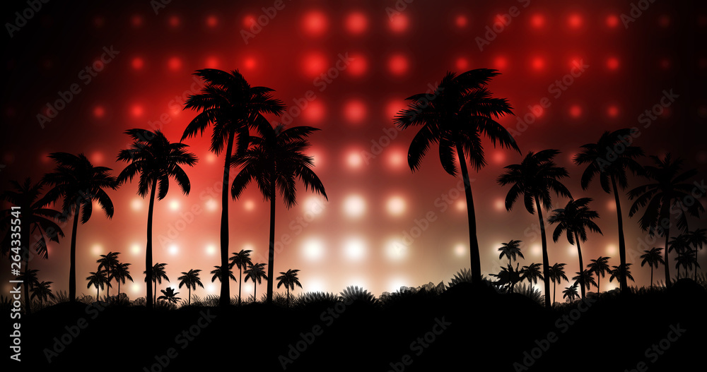 Night landscape with palm trees, against the backdrop of a neon sunset, stars. Silhouette coconut palm trees on beach at sunset. Vintage tone. Space futuristic landscape. Neon palm tree