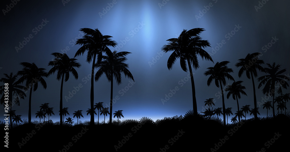 Night landscape with palm trees, against the backdrop of a neon sunset, stars. Silhouette coconut palm trees on beach at sunset. Vintage tone. Space futuristic landscape. Neon palm tree Night landscape with palm trees, against the backdrop of a neon sunset, stars. Silhouette coconut palm trees on beach at sunset. Vintage tone. Space futuristic landscape. Neon palm tree