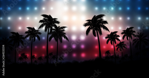 Night landscape with palm trees, against the backdrop of a neon sunset, stars. Silhouette coconut palm trees on beach at sunset. Vintage tone. Space futuristic landscape. Neon palm tree