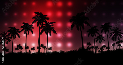 Night landscape with palm trees, against the backdrop of a neon sunset, stars. Silhouette coconut palm trees on beach at sunset. Vintage tone. Space futuristic landscape. Neon palm tree © MiaStendal