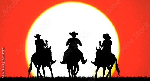 silhouette cowboy and horse on blurry colorful sunset sky. © rathchapon