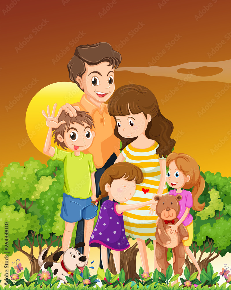 Family with pets in the sunset scene