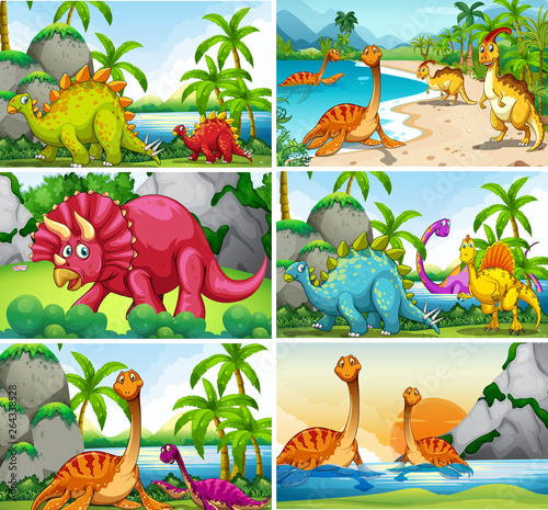 Fototapeta Naklejka Na Ścianę i Meble -  Set of dinosaur scenes