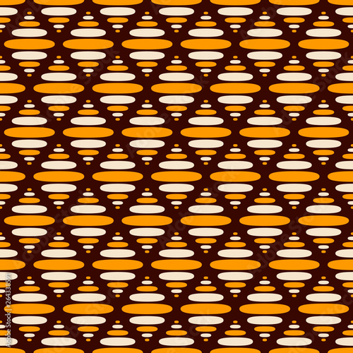 Abstract seamless pattern of regularly repeating smooth shapes on dark brown background.