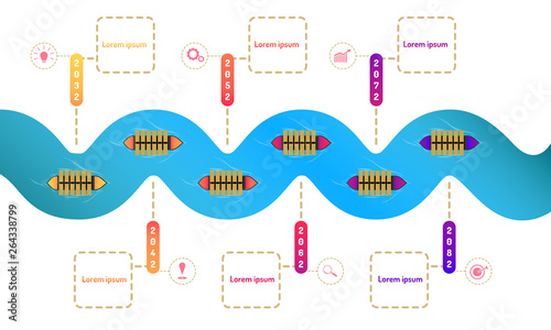 shipment floating in ocean way roadmap timeline elements with markpoint graph think search gear target icons. vector illustration eps10