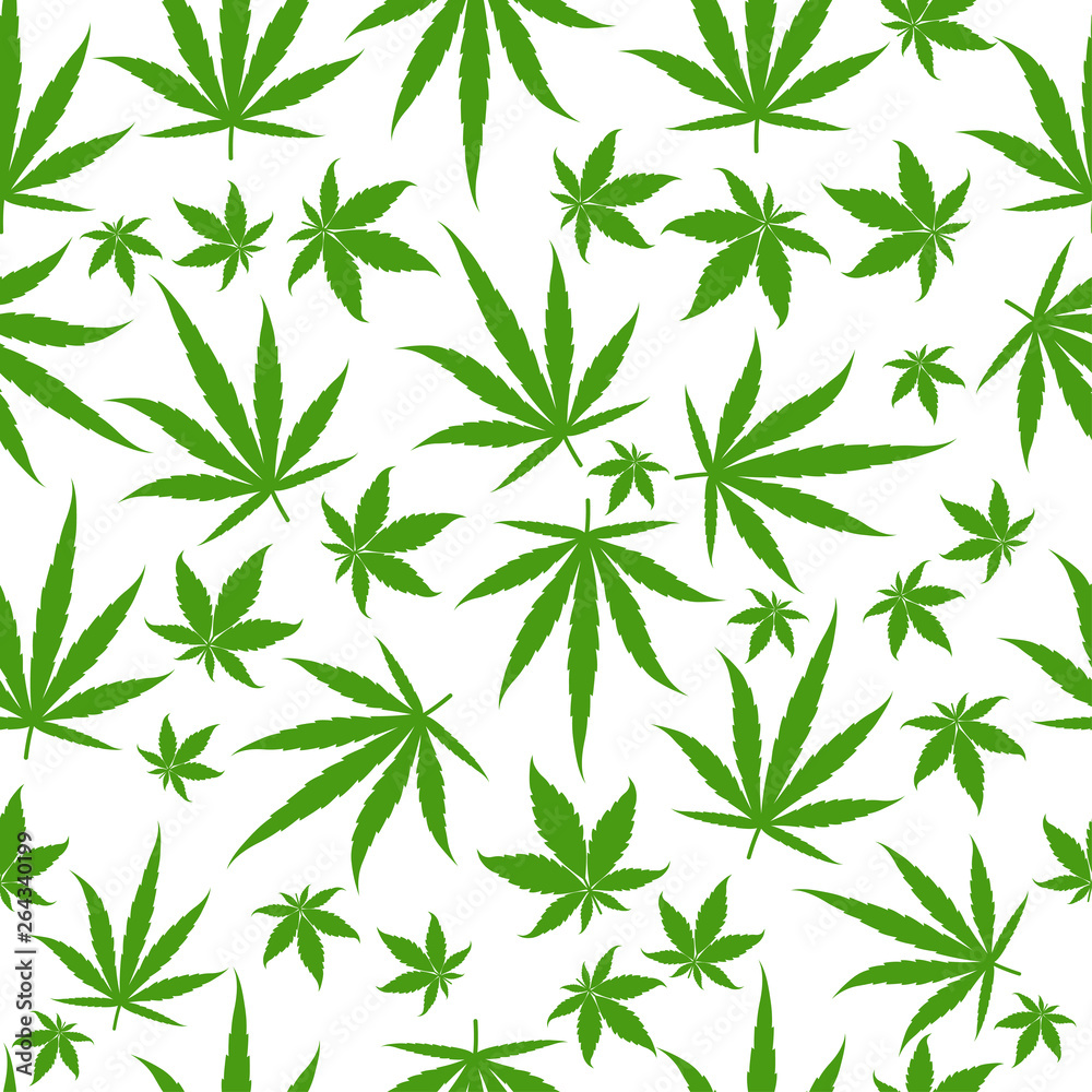 Marijuana green leaves on a white background. Rasta seamless pattern. Cannabis hemp template fill. Vector flat square clipart.