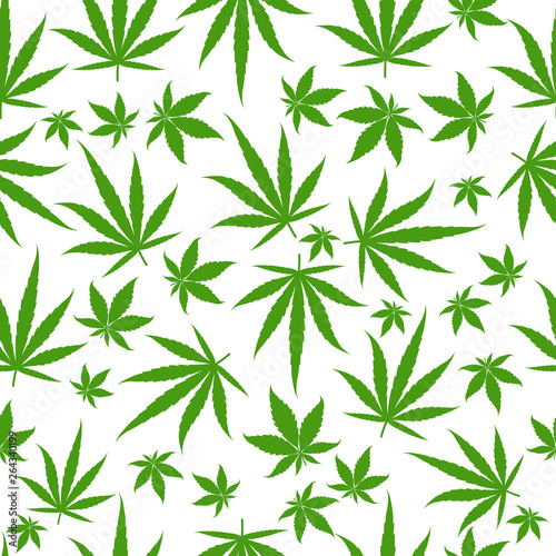 Marijuana green leaves on a white background. Rasta seamless pattern. Cannabis hemp template fill. Vector flat square clipart.