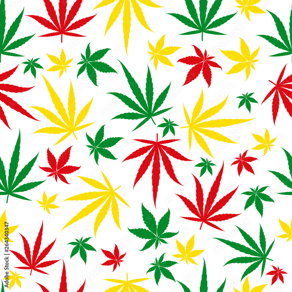 Rasta pattern on white background. Marijuana seamless pattern. Rastafarian cannabis hemp template fill. Vector flat square clipart.