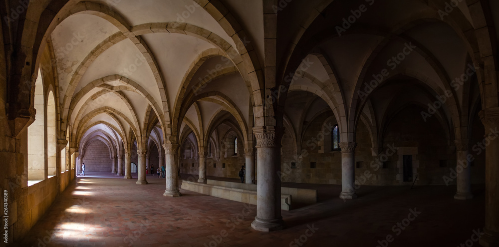 Alcobaca, Portugal. Monks dormitory of Monastery of Santa Maria de Alcobaca Abbey. Masterpiece of Medieval Gothic architecture. Cistercian Religious Order