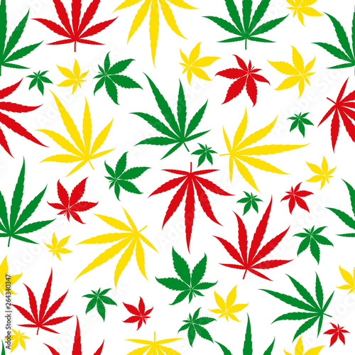 Rasta pattern on white background. Marijuana seamless pattern. Rastafarian cannabis hemp template fill. Vector flat square clipart. © ilyakalinin