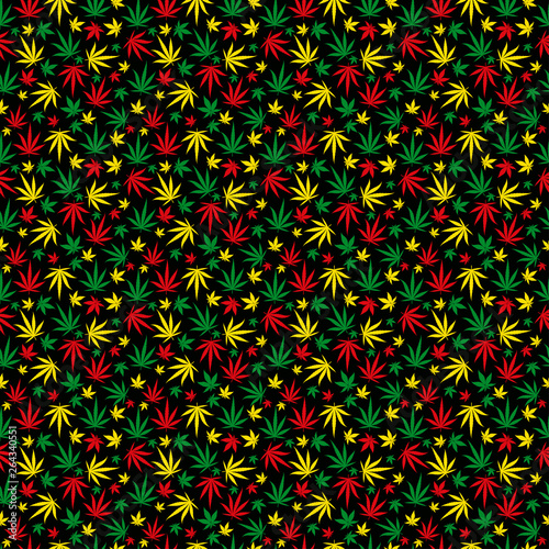 Rasta pattern seamless background. Reggae jamaican ornament. Marijuana leaf. Rastafarian cannabis hemp template fill. Vector clipart.