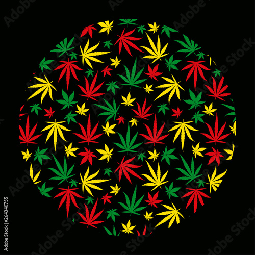 Round rasta pattern background. Circle reggae jamaican ornament. Marijuana leaf. Rastafarian cannabis hemp template fill. Vector clipart.
