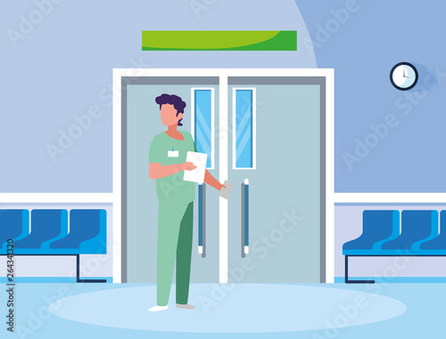 male medicine worker with uniform in elevator door