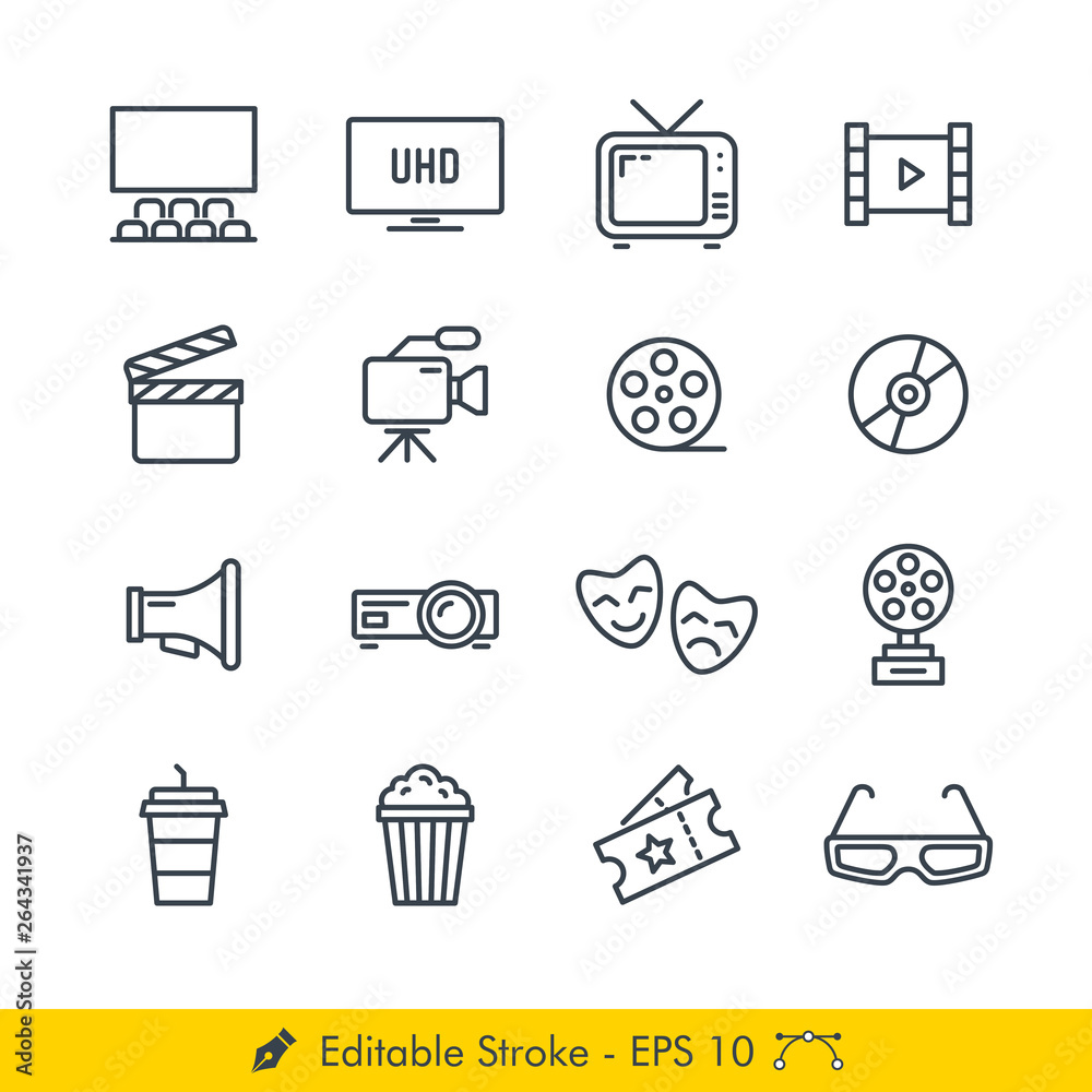 Cinema (Movies) Related Icons / Vectors Set - In Line / Stroke Design | Contains Such Theater, Television, Roll, Clap, Video Recorder, Film, Disc, Bullhorn, Projector, Drama, Award, Popcorn, Drink Cinema (Movies) Related Icons / Vectors Set - In Line / Stroke Design | Contains Such Theater, Television, Roll, Clap, Video Recorder, Film, Disc, Bullhorn, Projector, Drama, Award, Popcorn, Drink