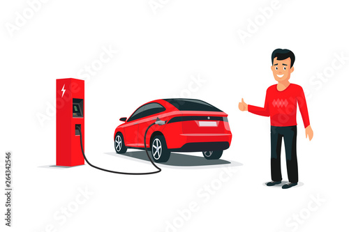 Isolated vector illustration of red electric car suv charging at charger station and smiling person. Young man with smile likes his new battery autonomous sharing vehicle. Future transportation. 
