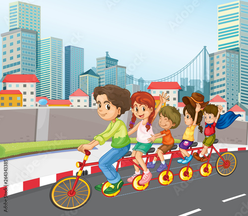 A family riding bicycle in city