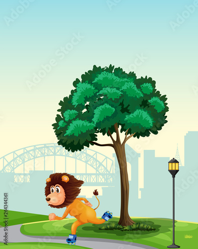 A lion playing roller skate in the park