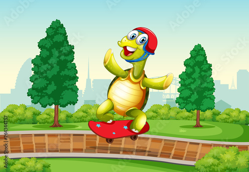 Turtle playing skateboard in the park