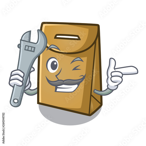 Mechanic paper bag above the mascot chair