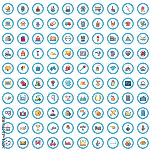 100 vacation icons set. Cartoon illustration of 100 vacation vector icons isolated on white background