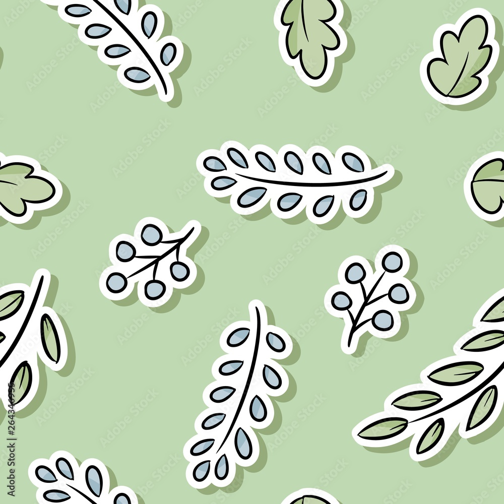 Obraz premium Decorative floral seamless pattern with green leaves and branches. Cartoon hand drawn etexture background