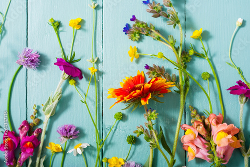 Fototapeta Naklejka Na Ścianę i Meble -  herbal and wildflowers on blue wooden table background
