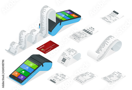 Isometric set of Payment Machine or POS Terminal with receipt records, design template of bill ATM, paper financial check for mockup.