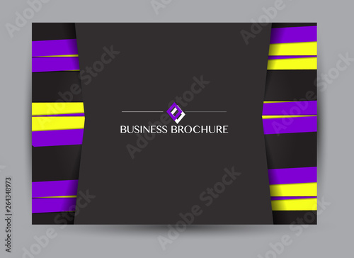 Purple, yellow, and black landscape wide flyer or brochure template. Billboard abstract background design. Business, education, presentation, advertisement concept. Vector illustration.